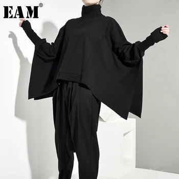 [EAM] Loose Fit Black Lielajam Atpakaļ Garš Krekls Jaunu Augsto Apkakli, garām Piedurknēm, Sieviešu Lielo Izmēru Modes Pavasara Rudens ir 2021. OA8690