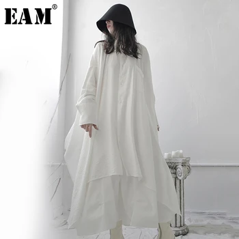 [EAM] Sievietes Baltā Ilgi Asimetrisks Liela Izmēra LongBlouse Jaunu Atloks ar garām Piedurknēm Loose Fit Krekls Modes Pavasara Rudens ir 2021. 1S668
