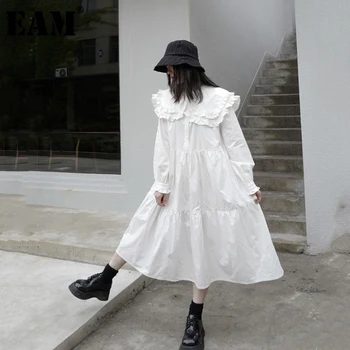 [EAM] Sievietes Baltā Ruffles Sadalīt Kopīgo Ilgi Vintage Kleita Jauns ar garām Piedurknēm Loose Fit Modes Jūra Pavasara Rudens ir 2021. 1DB192