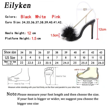 Eilyken Jaunu Pūkainu Spalvu Sieviešu Sandales Modes Ķēdes Dizaina Duncis Papēži PVC Caurspīdīga Potītes Siksniņu, Dāmas Kurpes Izmērs 35-41