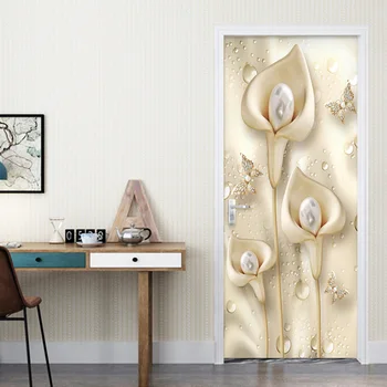 Eiropas Stilā 3D Stereo Ziedi Kalla Pērle Durvju Uzlīmes, dzīvojamo Istabu, Guļamistabu Luksus Mājas Dekoru, Sienas Uzlīmes PVC Tapetes 3 D