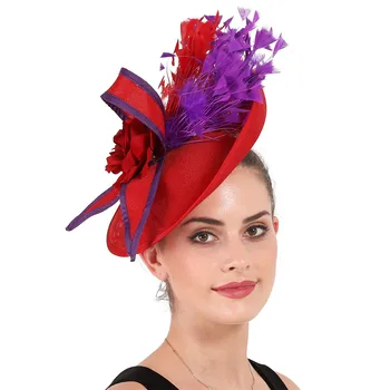 Eleganti Violeta Un Sarkana Spalvu Fascinator Kāzu Līgavas HairClip Cepuri Puse Kokteilis Headpiece Dāma Ziedu Raksts Cepures
