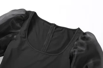 Elegants Milzīgais Acs Puff Sleeve Melns Jumpsuit Sieviešu Vintage O Apkakli, Garām Piedurknēm Stulpiņi Rāvējslēdzēju Bodycon Kombinezonus Kluba Tērpiem