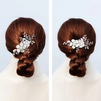 GETNOIVAS Luxury Pearl White Flower Haircomb Roku darbs Sudraba Krāsas Matu Pin Sievietēm Headpeice Līgava Kāzu Matu Aksesuāri, SL