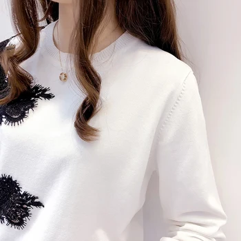 Garām piedurknēm Džemperis Sieviešu 2021. gada Rudenī Jaunā Rudens korejas Modes Dobi Mežģīņu Izšūšanas Apaļu Kakla Loose Knit Top Biroja Dāma