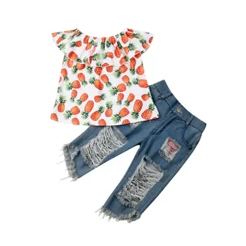 Gilr Apģērbu Komplekts Vasaras Ananāsu Krekls Un Caurumu Džinsu Bikses 2 Gab Apģērbs, Tērps Bērnu Bērni Cute Komplekti 2019 Jaunu Stilu