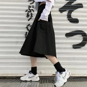 Gothic Black Augsti Elastīgs Viduklis Harajuku Ilgi Svārki korejas Gadījuma Sievietes, Lielas Kabatas Kravas Midi svārki Vintage Hip Hop Streetwear