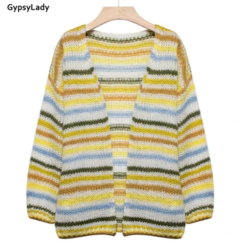 GypsyLady Vintage Šiks Svītrains Džemperis Jaka Boho Plus Lieluma Sieviešu Džemperi Džemperis ar garām Piedurknēm Rudens Adīti Džemperi 2XL
