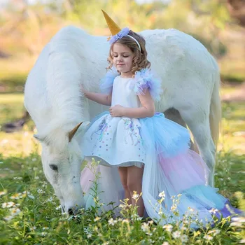 Halloween Pūkains Princese Meitene Kleita Krāšņs Backless Kleita Kāzās Gara Kleita Bērnu Unicorn Tēma Cosplay Kostīms