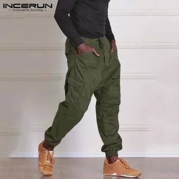 INCERUN Vīriešiem Kravas Bikses Stabilu Modes Joggers Aukliņu Multi Kabatas Ir 2021. Bikses Vīriešiem Zaudēt Gadījuma Streetwear Harēma Bikses 5XL