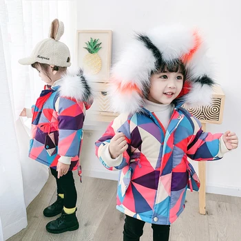 INS KARSTĀ Baby meiteņu ziemas jaka, 2-9years Lielas kažokādas apkakles plus samta kokvilnas mētelis Trīsstūris modelis toddler meitene ziemas drēbes