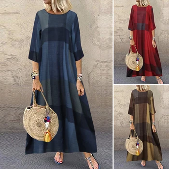 Ir 2021. Pavasara Pārbaudīt Sundress ZANZEA Gadījuma garām Piedurknēm Kleita Sievietēm Vintage Pleds Puse Sen Maxi Vestidos Sieviešu Drēbes Plus Size 7
