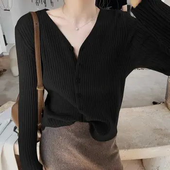 Jaka Sieviešu Trikotāžas Džemperi ar V-veida kakla Cieto Vienkārši Modes Visu maču Atvērt vīle Casual Slim Elegants Vintage Dāmas Ikdienas Šiks