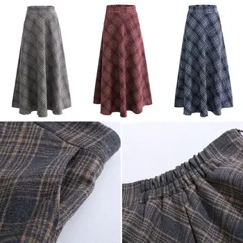 Japāņu Stilā Vintage Pleds Ilgi Svārki Sievietēm Streetwear Rāvējslēdzēju Elastīgas Augsts Viduklis Kabatas Vilnas Svārki 