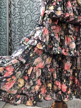 Jaunas Ielidošanas Kleita Ir 2021. Pavasara Augstas Kvalitātes Dizainera Apģērbu Sievietes Burvīgu Ziedu Drukāt Kaskādes Savirmot Deco Garām Piedurknēm Kleita