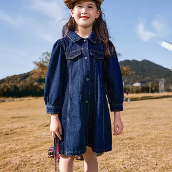 Jauno Modes Liels Meiteņu Džinsu Kleita 2020. Gada Rudenī Ar Garām Piedurknēm Džinsa Krekls Kleita Vecuma 6 8 10 12 14 Gadu Modi, Bērnu Apģērbus