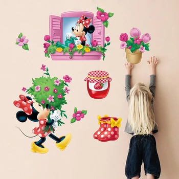 Karikatūra Disney Modes Minnie Logu Ziedi Sienas Uzlīmes Bērniem Telpām Puse Dāvanas, Mājas Dekoru, Sienas, PVC Sienas Mākslas Diy Uzlīmēm