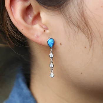 Karstā pārdošanas Moderns sudraba krāsā ilgi Auskari zils opāls vilināt auskari Sievietēm puses auss, aproces auskari dāvanu Rotaslietas 2018
