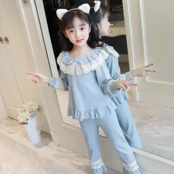 Meiteņu bērnu pavasara, rudens jaunās mežģīnes raibs princese kleita bērniem ar garām piedurknēm, ruffles 2gab komplekti, pidžamas bērniem, mājas drēbes w806
