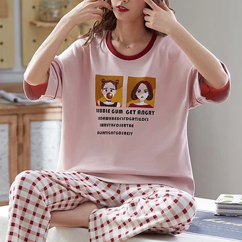 Modes 2 Gabali Komplekti Cute Pidžamas Sieviešu Pijamas Īsām Piedurknēm Apaļu Kakla Sleepwear Top Elastīgās Bikses Homewear Drēbes