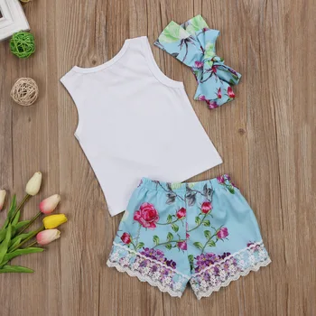 Modes 3Pcs Toddler Baby Girl Apģērbu komplekti Ziedu, Vestes, Topi +Mežģīņu Šorti Bikses Galvu Tērpiem Komplekts