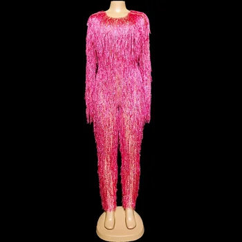 Modes Cietā Bārkstis Rhinestones Garām Piedurknēm Jumpsuit Sexy Skatuves Tērpu, Dziedātāju Skatuves Valkā Dzimšanas Dienu Svinēt Pušķi Apģērbs