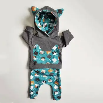 Modes Cute bērnu Jaundzimušo Bērnu, Zēnu, Meiteņu Drēbes Kapuci sporta Krekls Kaķis Drukāt Bikses 2gab Kokvilnas Apģērbs Mazulim Tracksuit Komplekts