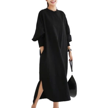 Modes Sievietes Kleitu Gadījuma Svītru Zaudēt Spraugām Apaļš Kakla Džemperis ar garām Piedurknēm Krekls Maxi Kleita Ilgi Sadaļu Sieviešu Kleita