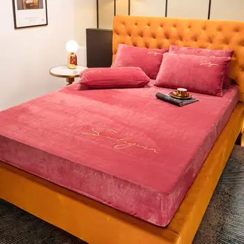 Mājas Tekstila Izšuvumi Flaneļa matracis topper tīrtoņa Krāsu Elastīgs palagu Samta Siltas Gultas Komplekts matracis aizsargs vāciņu