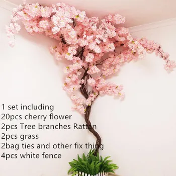 Mākslīgā Ķirsis Sakura Koks Stumbrs ar viltus Ķiršu Ziedu Ziedu Žāvētu Koku Rotangpalmas komplekti mājas dzīvojamā istaba rotājumi