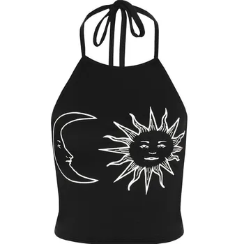 NCLAGEN Modes Gotiskā Melnā Mēness-Saules Iespiesti Mežģīnes Up Pavada Kamzolis Backlesss Punk Bodycon Sievietēm Atbilstošas Vintage Tvertne Camis