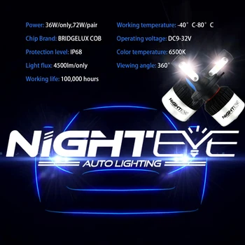 NIGHTEYE 2gab H4 LED H7 H11 H8, H9 9006 HB4 H1 9005 HB3 Auto Lukturu Spuldzes, LED spuldze COB Čipu 9000LM Auto Miglas Lukturi 6500