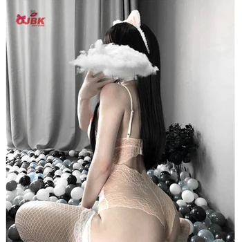 OJBK Sievietes Sexy apakšveļa Ziedu Mežģīnes Crotchless Dāmas Erotiska apakšveļa Bodysuit Rozā krāsā bez Piedurknēm, V veida Kakla Gudrs Bodysuit sleepwear