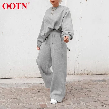 OOTN Streetwear Pelēkā Sieviešu Plaša Kāju Bikses ar Augstu Vidukli, Trikotāžas Lielgabarīta Vaļēju Bikšu Dāmas Palazzo Bikses 2020 Rudens Ziemas