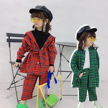 Pavasara Rudens meitenes, 2 gab. komplekts bērnu blūze + bikses bērniem, apģērbam, bērnu modes streetwear pleds pārbaudīt vintage cilpu no 3 līdz 9 gadiem