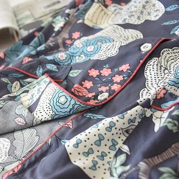 Pavasara / Summ Viskoze Sieviešu Pidžamas Gadījuma Savukārt-Apkakle ar garām Piedurknēm Sleepwear Vintage Iespiesti Kabatas Vasaras Pyjama Femme