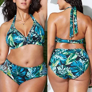 Peldkostīms sievietēm, liela izmēra Lapas drukas Sieviešu Bikini Cietā Uzstādīt Peldkostīmu Divu Gabals Piepildīta Krūšturis Peldkostīmi Beachwear