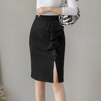 Plus Lieluma Melna Biroja Svārki 2020. Gadam, Modes Elegantu Augstu Vidukļa Sarkanu Zīmuli Svārki Sieviešu Apģērbu Ruffles Ziemas Sexy Korejas Svārki
