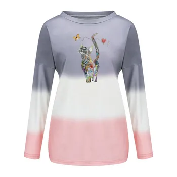 Plus Lieluma Modes Kaķis Drukāt Blūze, Krekls Brīvs O-Veida Kakla Topi Gadījuma Rudens Ziemas Dāmas Sieviešu Sievietēm Ar Garām Piedurknēm Blusas Pulovers