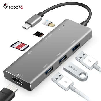 Potofo USB C hub 7-in-1 USB dongle C HDMI 4K, TF / SD karšu lasītājs, 3 USB 3.0, 100W PD lādētāji