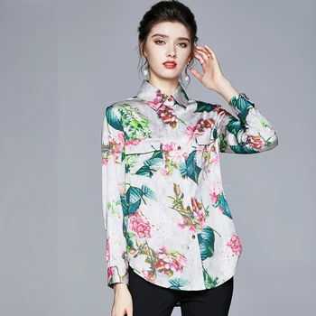 Qiqi&queen 2021. gada Pavasarī Biroja Dāma Blusa Savukārt Apkakle Vintage Print Satīna Tops Eleganta Šifona Sieviešu Blūzes Ikdienas Krekli