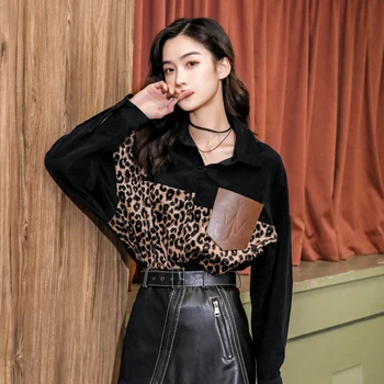 Rudens pavasara Blūzes ar garām Piedurknēm nolocīt Modes Vintage Turn-down Gadījuma Zaudēt Leopard Sieviešu Slim Krekls Topi Streetwear