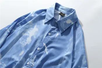 Rudenī Jaunu Vīriešu Džinsa Zilā krāsā iespiests Hip hop Krekli Modes Streetwear vīriešu Ikdienas korejas krekls ar garām Piedurknēm Camisa Masculina