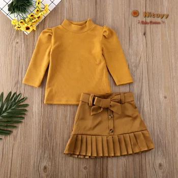 Rudenī, Ziemā Silts Baby Toddler Meitenes Uzvalks Modes Savirmot Ilgtermiņa piedurknēm Tops+Svārki Priekšgala mezgls Kokvilnas Apģērbs, Apģērbu Komplekts 1-6T 2020