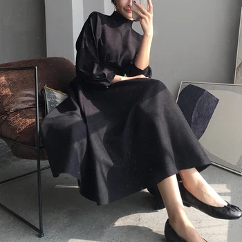 Rudenī korejiešu Stilā, Elegants Stand Apkakli Vintage Izplešanās Melnās Sievietes Midi Kleitas Augsta Vidukļa Pulovers Šiks Biroja dāma Kleitas