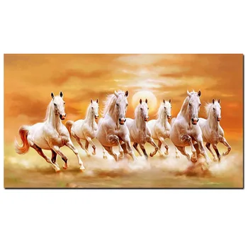 Septiņi Darbojas Balta Zirga, Dzīvnieku Gleznošana Mākslas Audekls Mākslas Zelta Plakāti un Izdrukas Mūsdienīga Sienas Māksla Attēlu Dzīvojamā Istaba