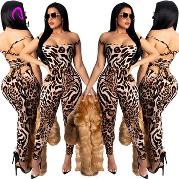 Sexy Leopards Izdrukāt Plecu Jumpsuit Pavada Izdilis Ilgi Playsuit Pārsējs Kombinezonus Puse Kombinezons Sievietēm Combinaison Femme