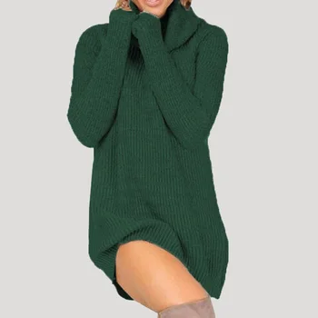 Sievietes augstu uzrullētu apkakli Zaudēt garš Džemperis kleita sievietēm Bieza adīta Rudens Ziemas gadījuma Siltu kleitu, džemperi, lai sieviete