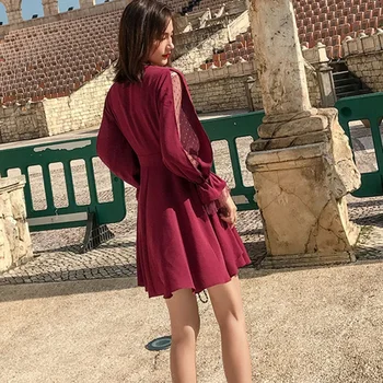 Sieviešu Pavasara Rudens Garām Piedurknēm Sexy Mini Kleitas Tīrtoņa Krāsu Acu Izšūšanas Ar Garām Piedurknēm Kleita Dāmas Gadījuma V-Veida Kakla Kleitas 2020