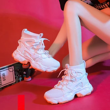 Sieviešu SneakersAutumn Elpojošs Acs Ķīlis Čības High Top White Gadījuma Chunky Kurpes Sieviešu Zapatos Mujer De